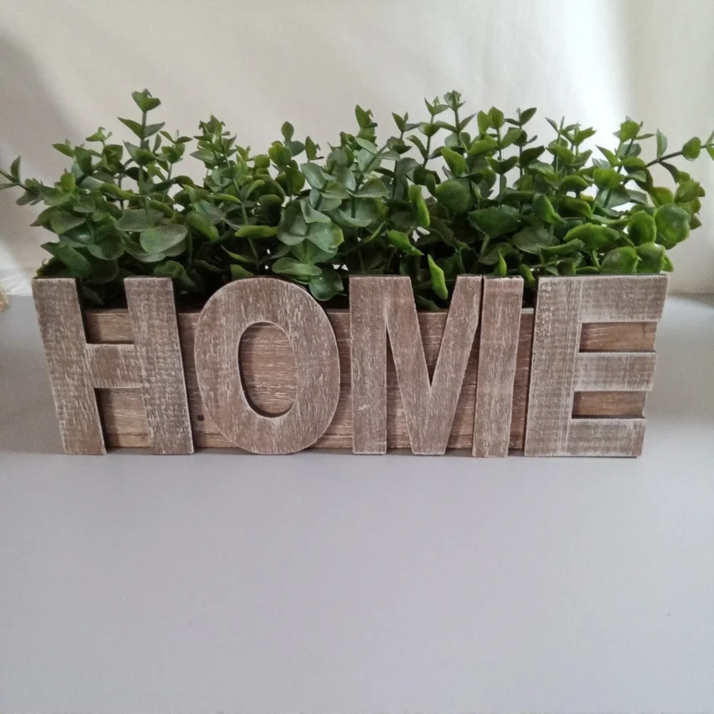 Rustic Wood HOME Planter Box with Artificial Greenery Distressed Brown 11.5in